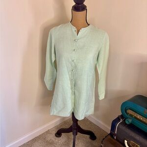 Eileen Fisher Mint Green Linen Button Down Long Sleeve Blouse-Size Petite Small